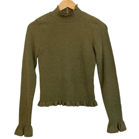 NATION LTD Yael Smocked High Ruffle Neck Top Ozark Green Pima Cotton Cutout Back - Picture 9 of 16